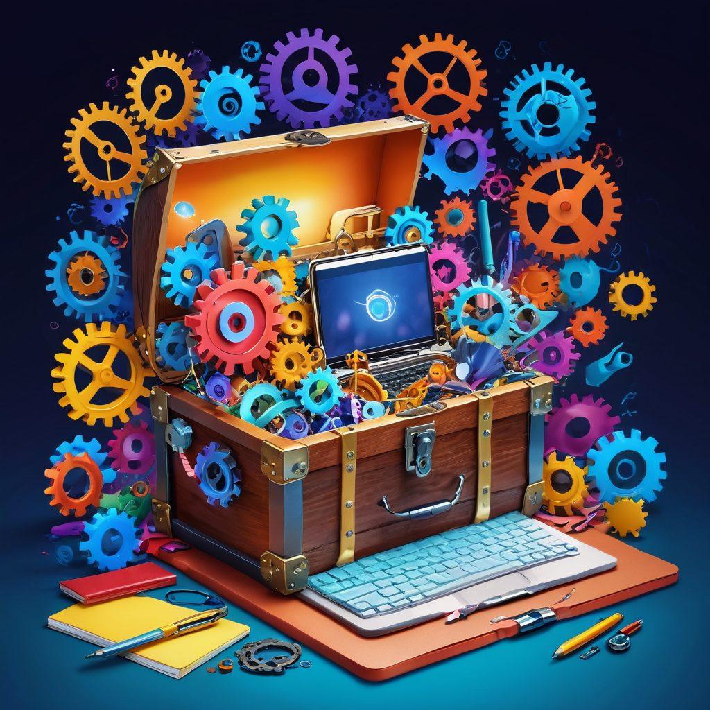 An open treasure chest filled with glowing blogging tools like a laptop, notebook, and pen, surrounded by floating gears symbolizing content creation and community engagement. In the background, a vibrant and diverse group of people engaging in discussions and brainstorming ideas. Bright colors to evoke creativity and inspiration. digital painting. vibrant colors.