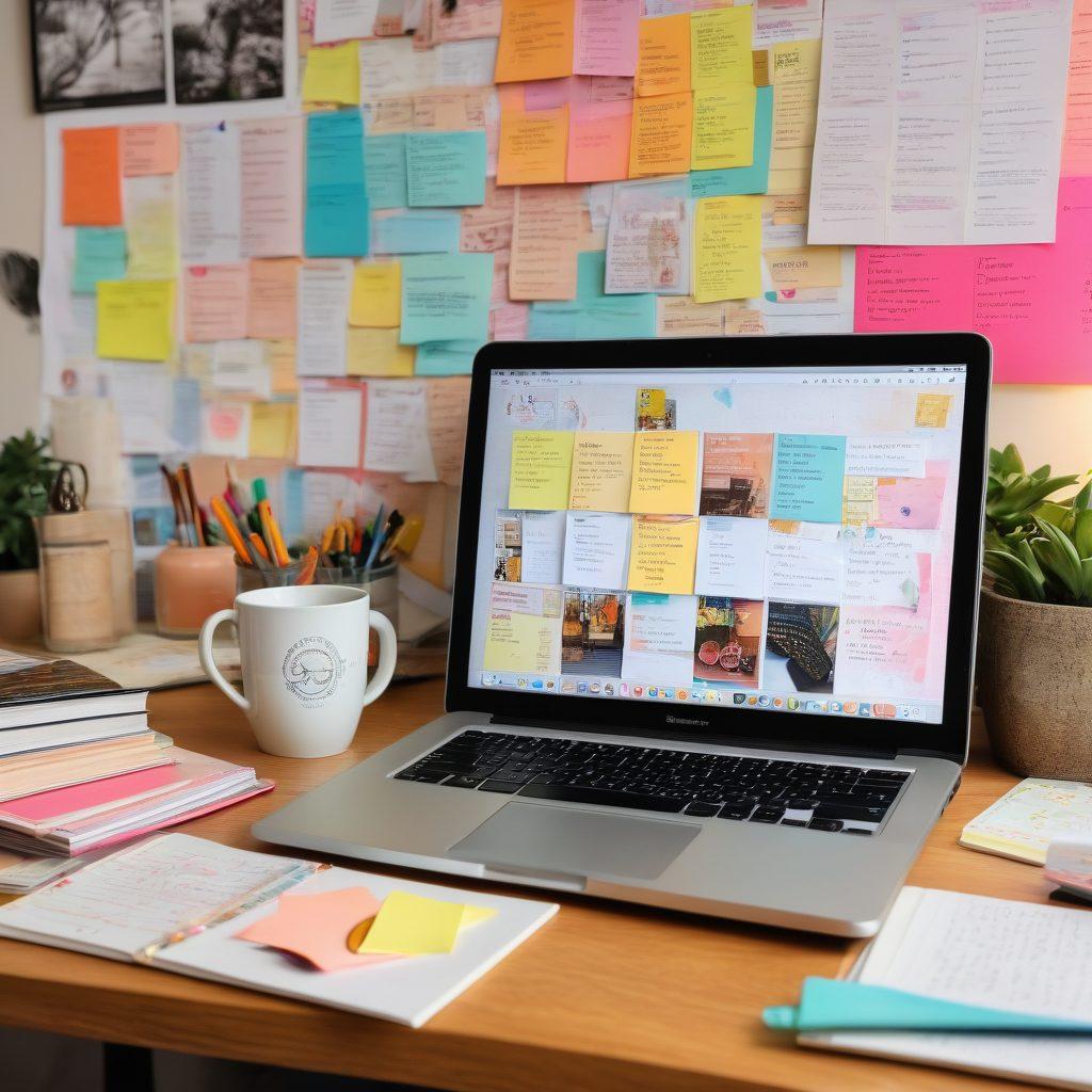 An inviting workspace filled with eclectic items representing personal and business blogging, such as a laptop open to a blog page, colorful sticky notes, a coffee mug, and inspiring books. In the background, a vision board with niche ideas and mind maps. Warm lighting that creates a cozy atmosphere. super-realistic. vibrant colors.