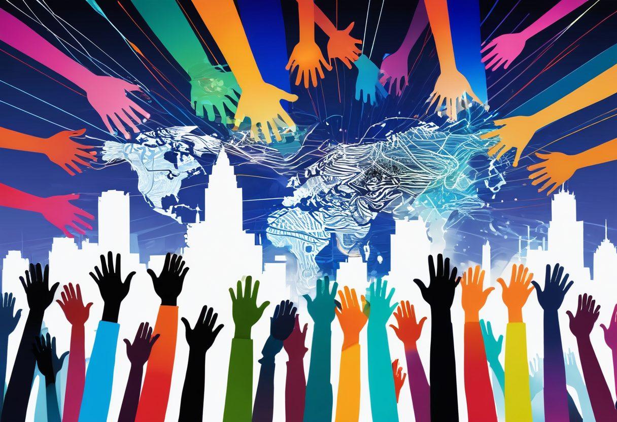 A vibrant, interconnected web of diverse individuals passionately sharing their ideas and stories, symbolizing community in the digital landscape. Include elements like laptops, smartphones, and social media icons floating around, with a radiant glow to represent their connections. Add a backdrop of a city skyline merging with elements of nature, signifying growth and harmony. Illustrate a sense of unity and collaboration with hands reaching out towards each other. vector art. vibrant colors. white background.